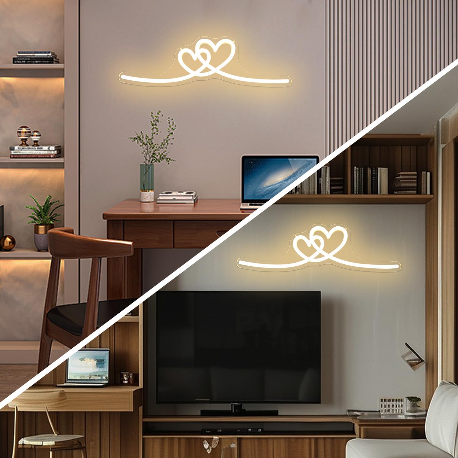 Double Heart Neon Signs for Wall Decor Twin Hearts Led Sign Dimmable Warm White Neon Heart Sign Love Decorations for Girls Minimalist Bedroom(16.3”x 4.33”)