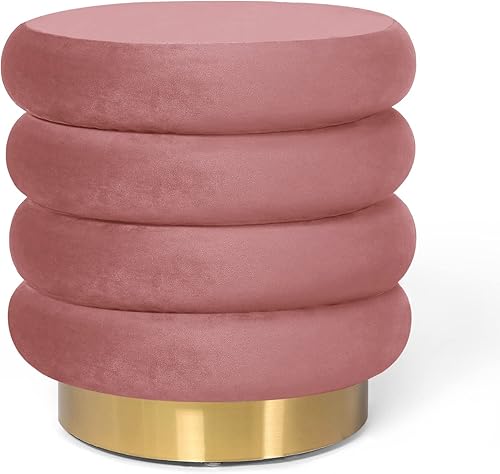 Homebeez Taburete otomano redondo de terciopelo para sala de maquillaje, reposapiés pequeño con base dorada, rosa