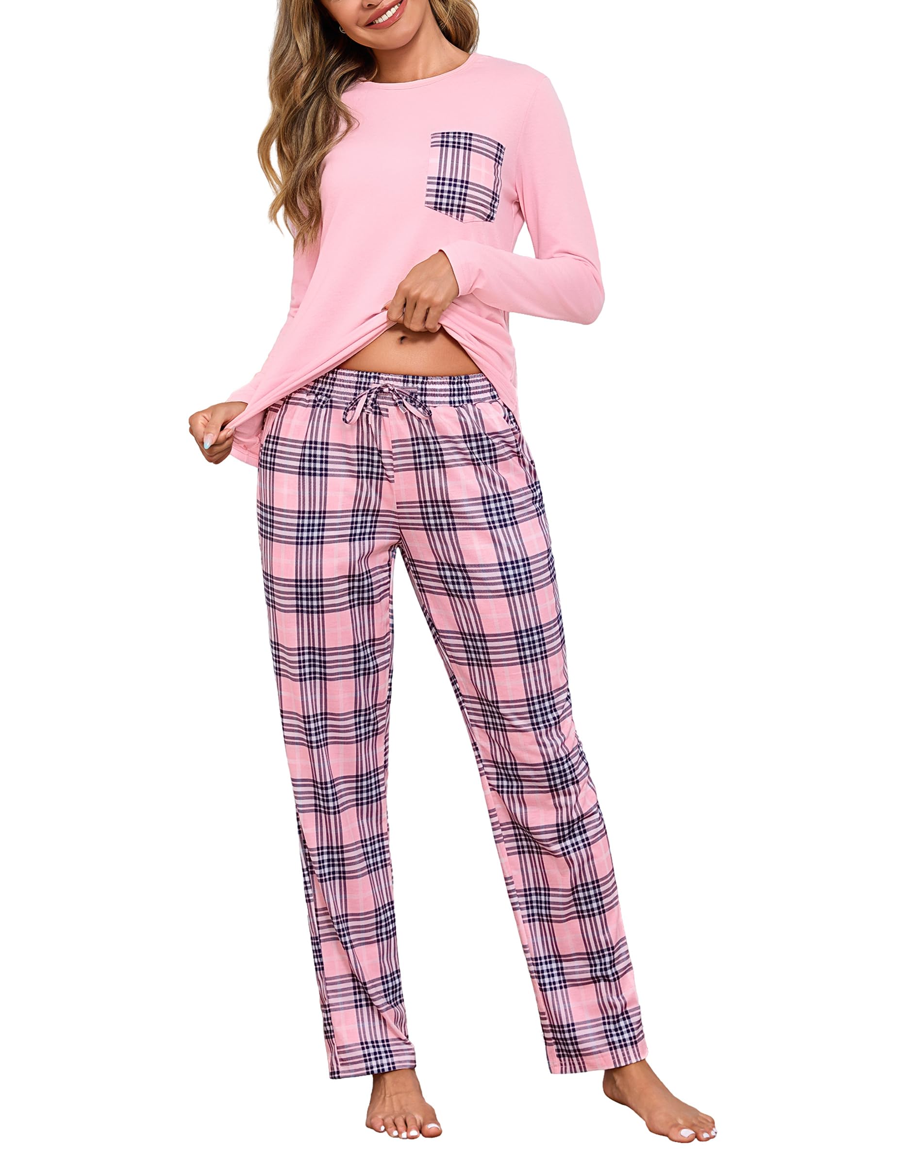 Aseniza Schlafanzug Damen Lang Pyjama Set Baumwolle Nachtwäsche Winter Zweiteiliger Schlafanzüge Hausanzug mit Karierte Hose