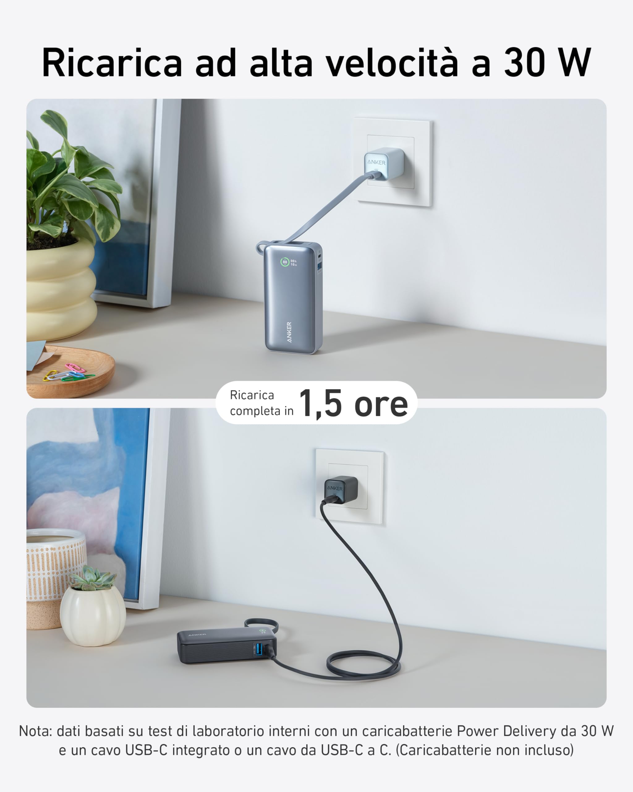 Anker Nano Power Bank Ricarica Rapida, 10.000 mAh, con cavo USB-C integrato, PD 30 W, potenza massima con 1 USB C,1 USB-A,compatibile con iPhone 15 serie, MacBook, Samsung, iPad e molto altro (Nero)