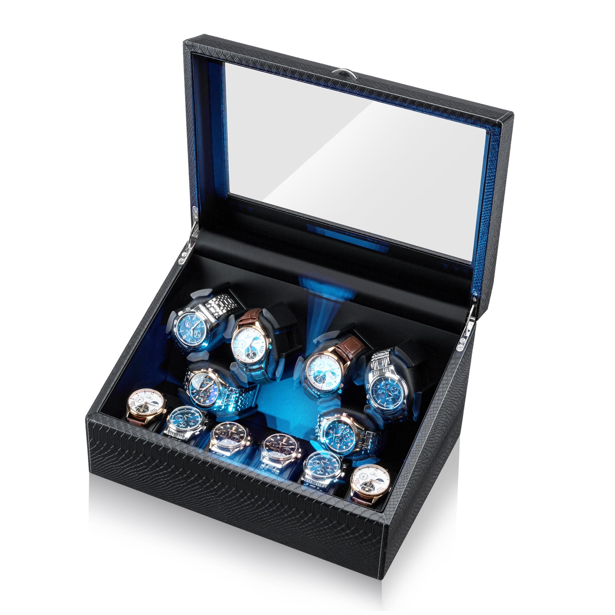 Mcbazel Carica Orologi Automatico Ultra Silenzioso con Luce LED, Scatola di Conservazione di Lusso per 6 Orologi con 5 Modalità di Rotazione e 6 Posizioni di Conservazione Aggiuntive