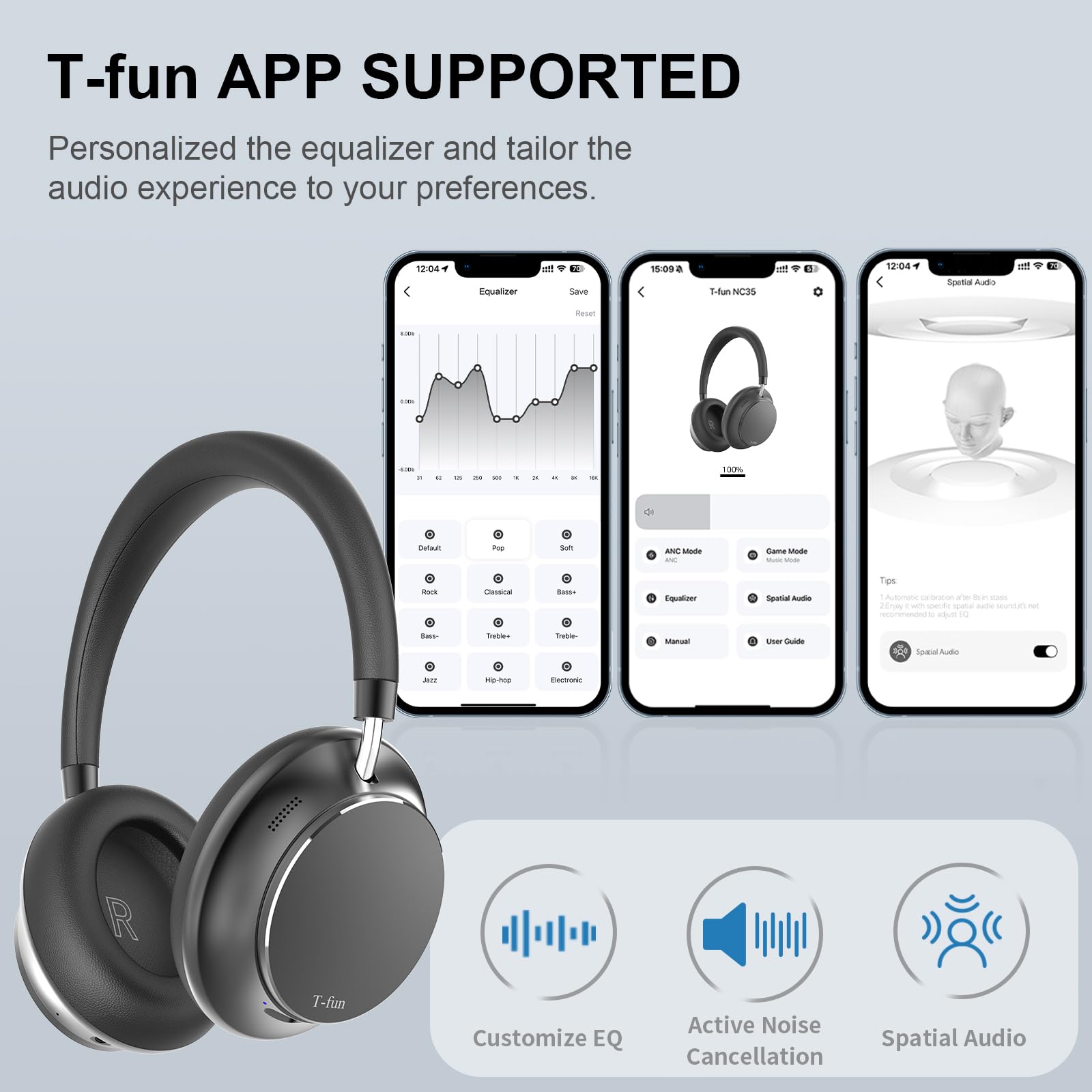 T-fun NC35 Cuffie Over-ear con Cancellazione Rumore Ibrido,Audio Spaziale, Modalità Trasparenza,Bluetooth 5.3, Equalizzatore Personalizzato Tramite App, 55 ore di Riproduzione ANC per Viaggi/Lavoro