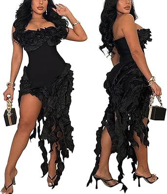 Amazon.com: Women's Fringe Ruffle Strapless Tube Off Shoulder Bodycon ...