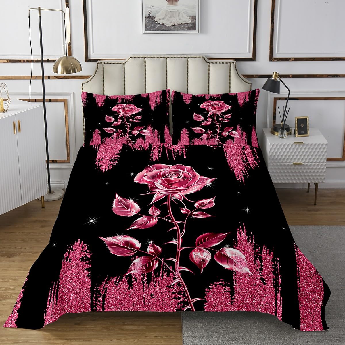 Erosebridal Red Rose Quilt Set for Girls,Glitter Sequins Pattern Coverlet Set Twin,Romantic Rose Bedspread Set,Rustic Rose Leaf Bed Cover with 1 Pillowcase Bedroom Decor