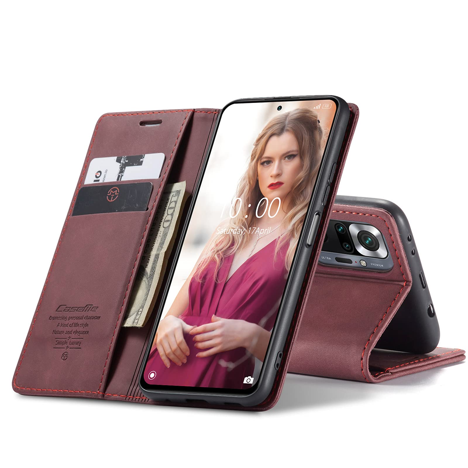 Chocoyi Leather Case for Redmi Note 10 Pro/Note 10 Pro Max, Protective PU Leather Wallet Case, Magnetic Closure, Card Slots, Stand Function, Red