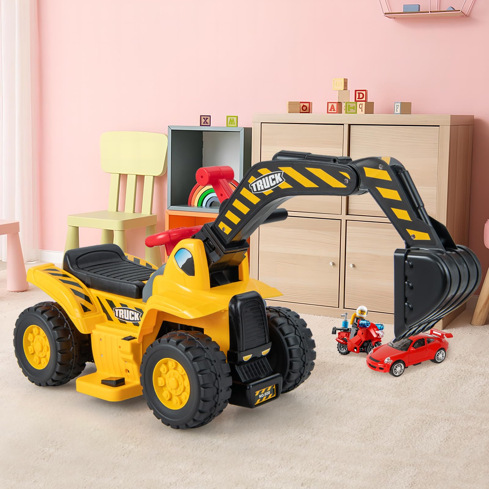 COSTWAY Escavatore Elettrico per Bambini, Ruspa con Vano Clacson ed Effetti Sonori, Canestro da Basket Pieghevole e 3 Palline, Giocattolo per Scavare per Bambini 2 Anni +