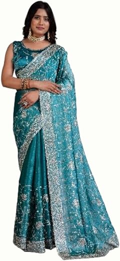 LONDON BELLY Women's Premium Designer Saree with Intricate Embroidered Border &amp; Matching Blouse Piece – Elegant Traditiona...