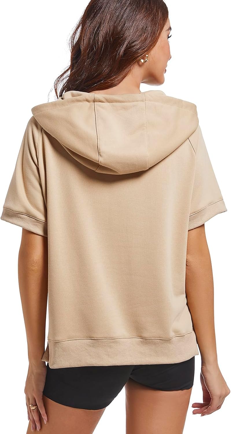 Mars Guard Short Sleeve Hoodies for Women Half Zip Summer Oversized Sweatshirt Fashion Pullover Casual Tops with Pockets - Image 2