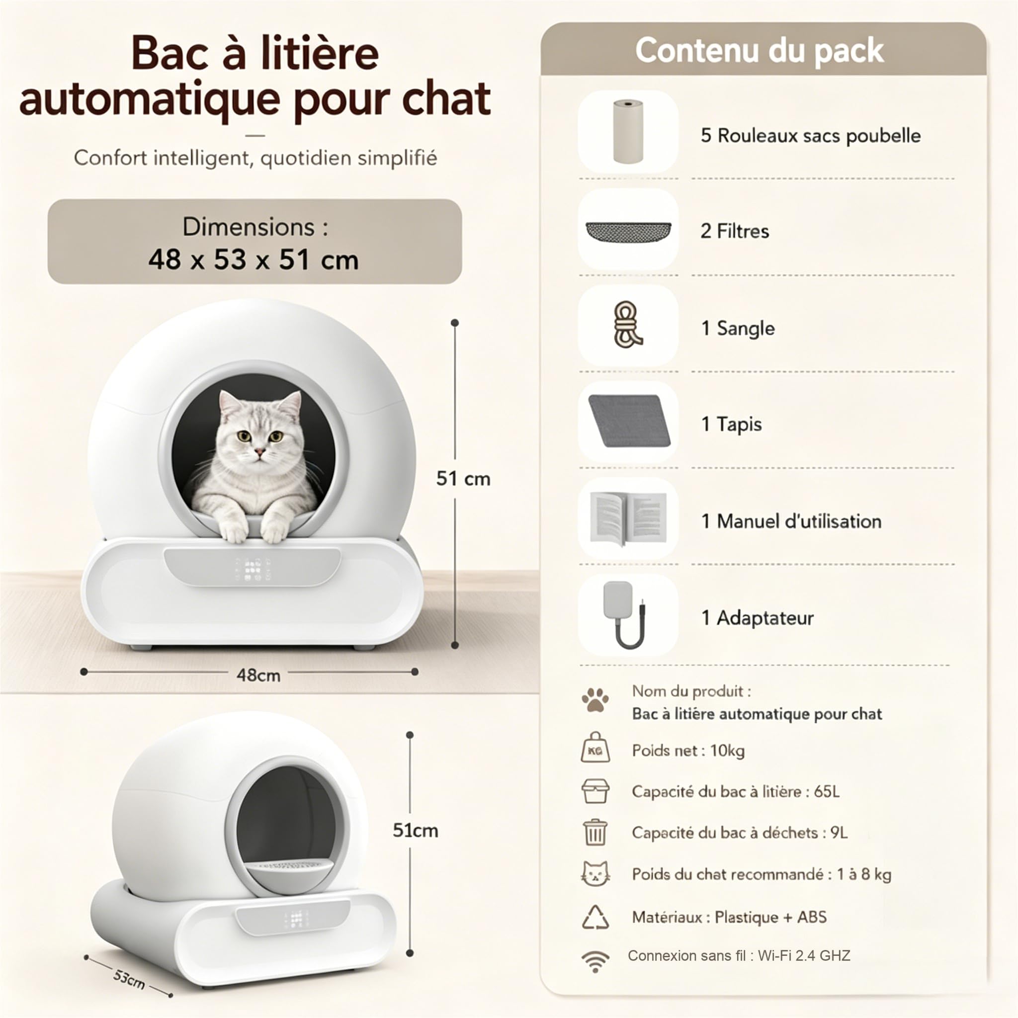Litiere pour Chat Litiere Automatique 74L XXL, Bac à Litière Intelligent avec APP, Détecteur Infrarouge, Capteurs de Poids, Grande Capacité et Design Fermé