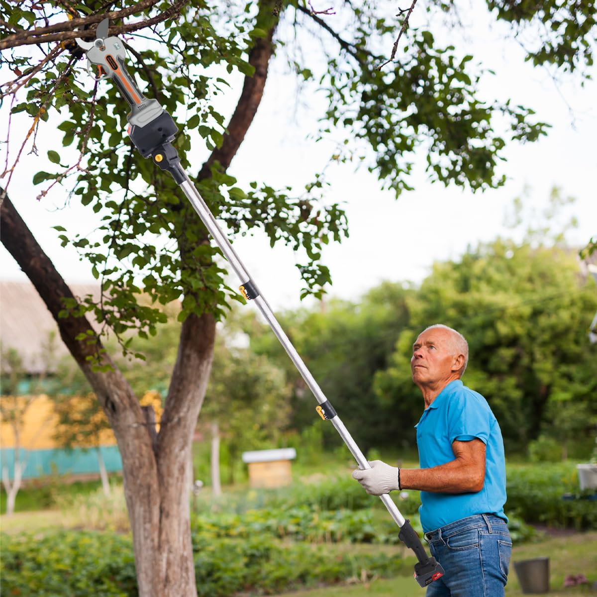 Pértiga Telescópica para Tijeras de Podar Eléctricas Inalámbricas 2M Alargador 3 Secciones para Podar Ramas Altas Poste de Extensión para Herramientas Eléctricas con Cabezal Giratorio de 180°