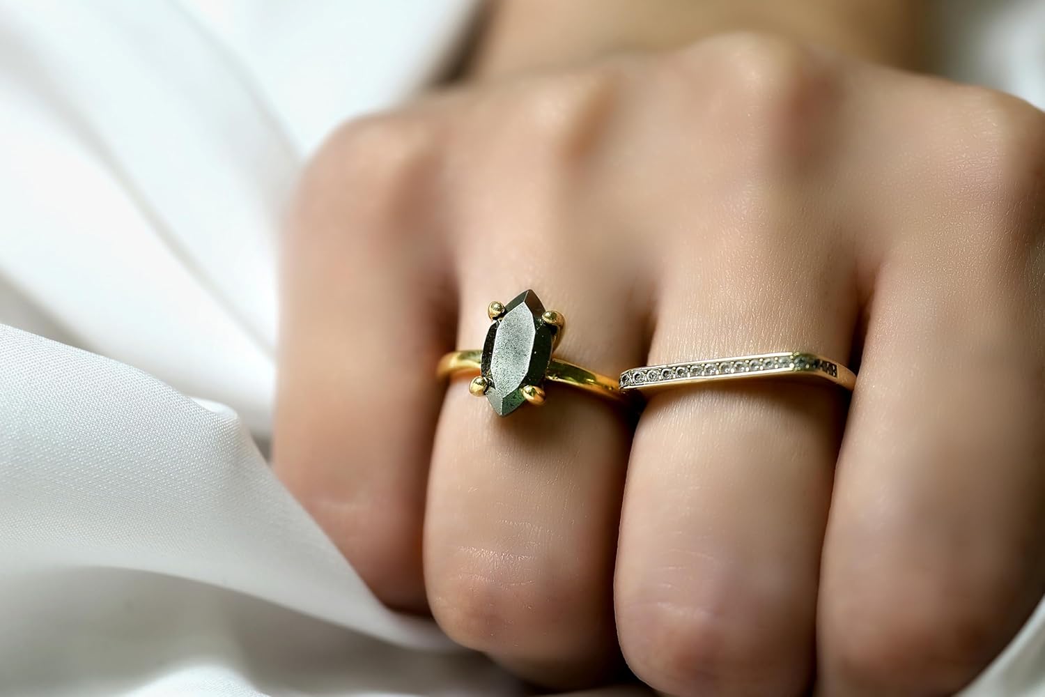Delicate Iron Pyrite Ring - Artisan Natural Stone, Custom Dainty, Unique Celebration Jewelry - Handmade with Engravable Band - Choose Size and Material