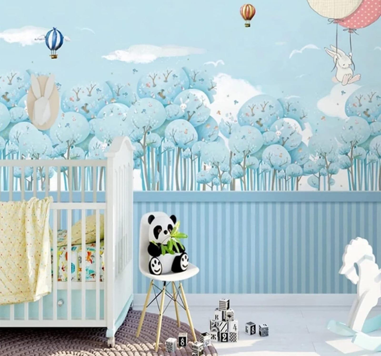 Wallpaper-3D-Xlm 200Cm×140Cm(B×H) Cartoon Blue Forest Hot Air Balloon Rabbit 3D Wallpaper Easy Install Feature Office Living Room Sofa Bedroom Tv Background Wall Decoration-200Cm×140Cm