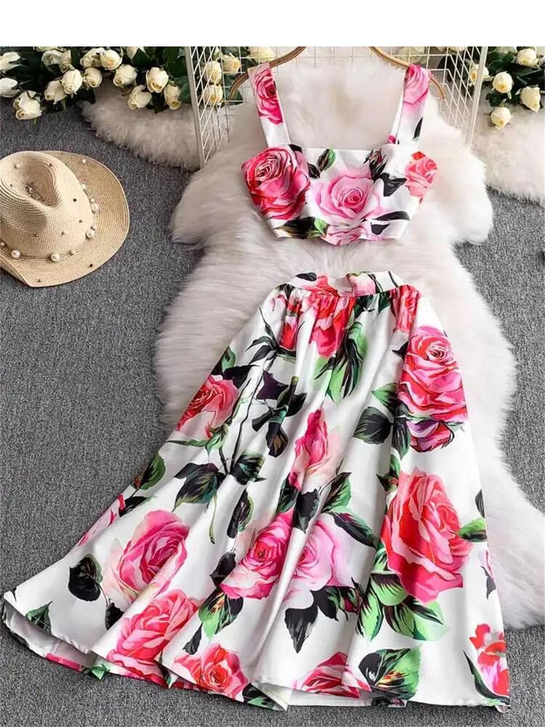 Vestido largo de playa sexy floral para mujer, top corto, chaleco de vacaciones con estampado midi