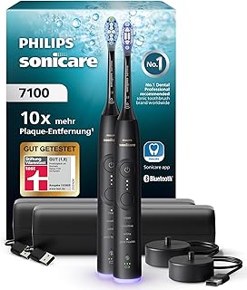 Philips Sonicare 7100 elektrische Zahnbürste, Schallzahnbürste mit App, 4 Putzmodi, 3 Intensitätsstufen, Andruckkontrolle, EasyStart, SmarTimer, Schwarz, 2er-Pack, Modell HX7429/03 [Neue Technologie]