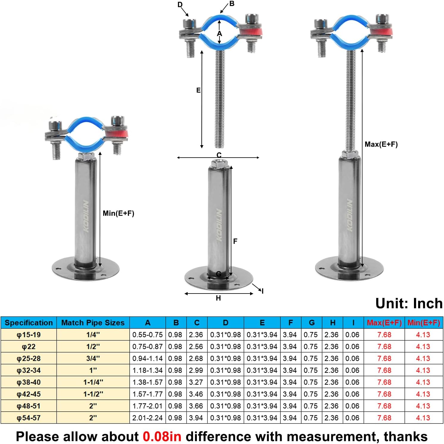 4PCS Upgraded Wall Mount Ceiling Mount Pipe Supports, 304 Stainless Steel Wall Mount Pipe Clamp Suitable for OD Pipe 3/4"(25-28mm), Pipe Support Bracket Adjustable Clamp and Height 100+100mm