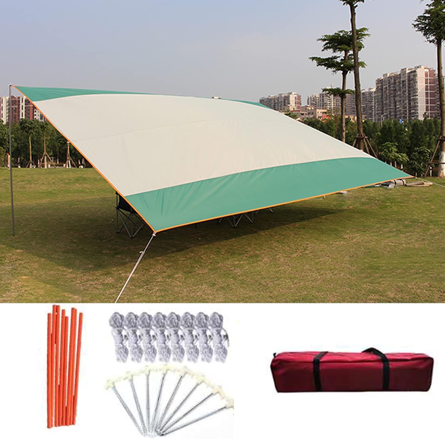 Portable Camping Tent Tarp Shelter,Hammock Tarpaulin Rain Fly,UV Protection Canopy Sunshade Cloth,for Outdoor Awning Hiking Beach,Includes Pegs,Ropes and Carry Bag (Yellow Green) (White Green)