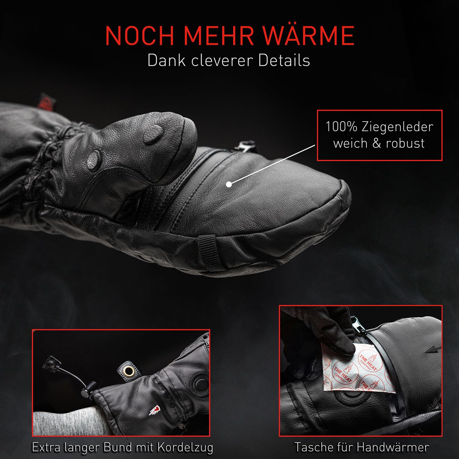 THE HEAT COMPANY Shell Full Leather Handschuhe - Die Innovation: Extra warme Leder Fäustlinge zum Umklappen - Winterhandschuhe - Skihandschuhe: Damen, Herren - ohne Unterziehhandschuh