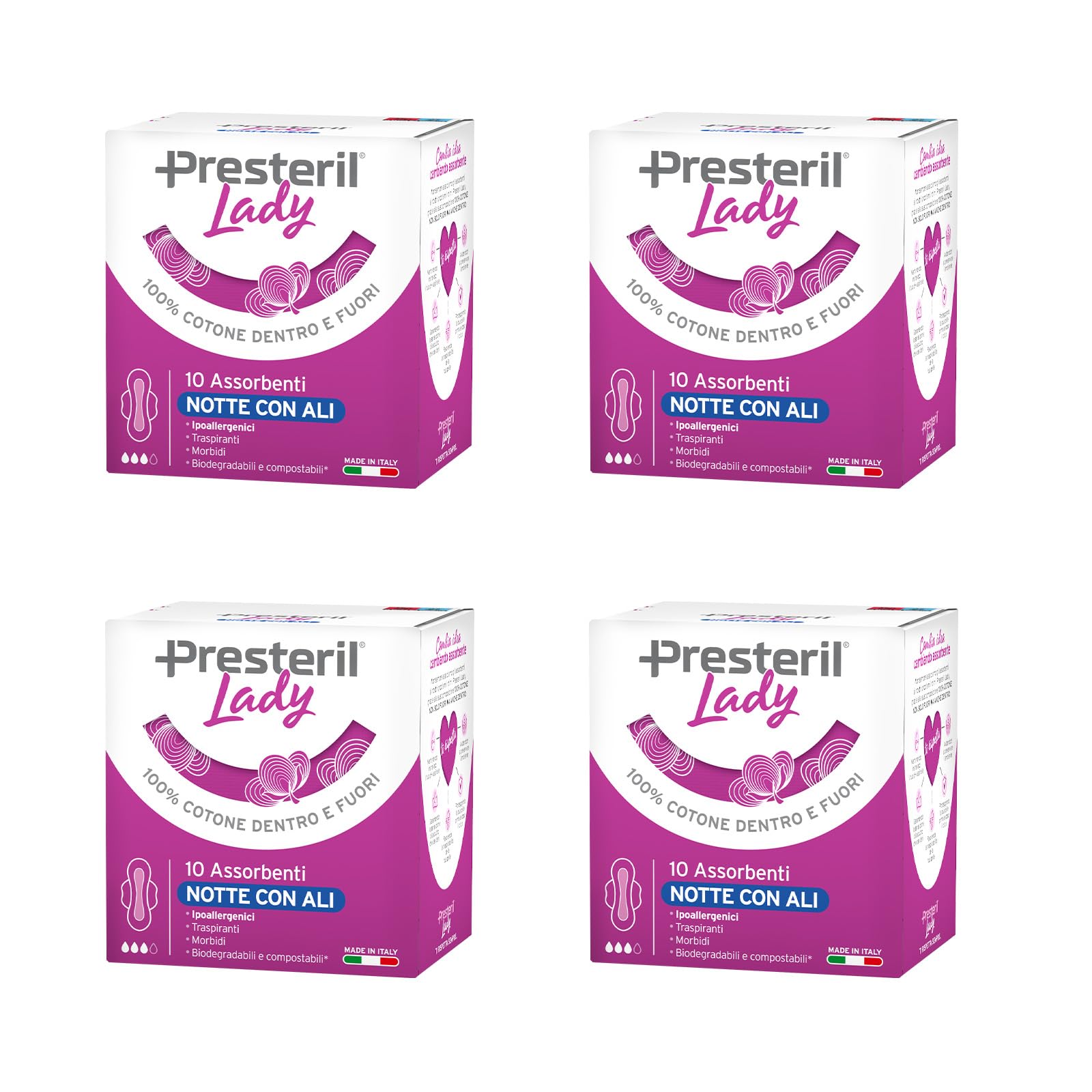 Presteril Lady, Assorbenti Esterni Notte con Ali in Cotone 100% Biodegradabile, 4 Confezioni da 10 unità (totale 40)