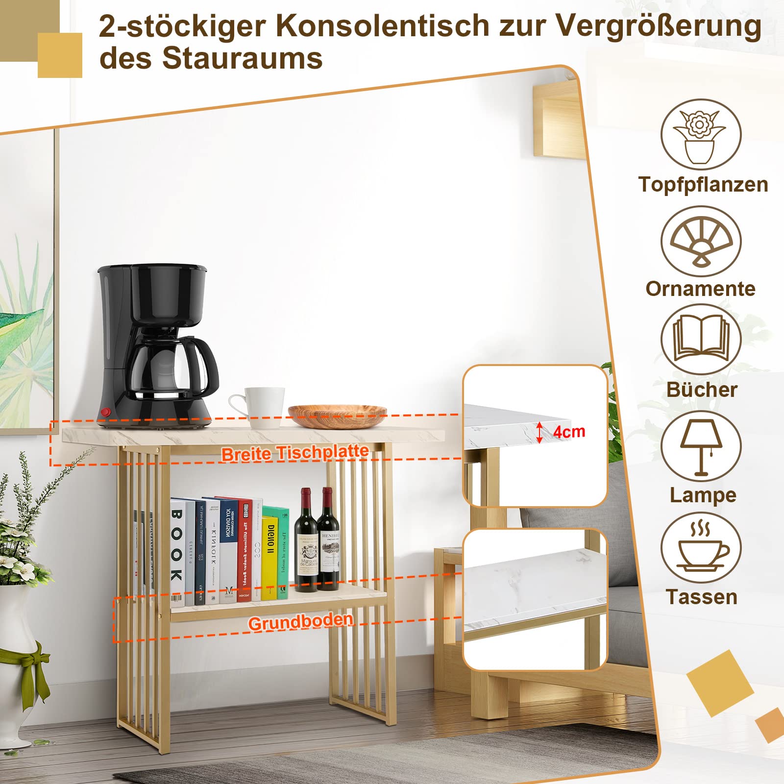 COSTWAY Consoletafel, 2 niveaus, smal, bijzettafel, marmerlook