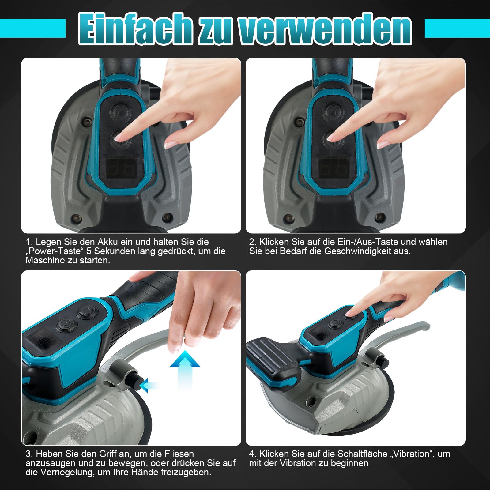 Akku Fliesenrüttler, Fliesenleger Maschine für Makita 18V, Fliesenvibrator mit 8 Einstellbaren Gänge, Fliesenlegerwerkzeuge mit 4,7 zoll Saugnapf, 80kg Adsorption Vibrationsgerät (ohne Akku)