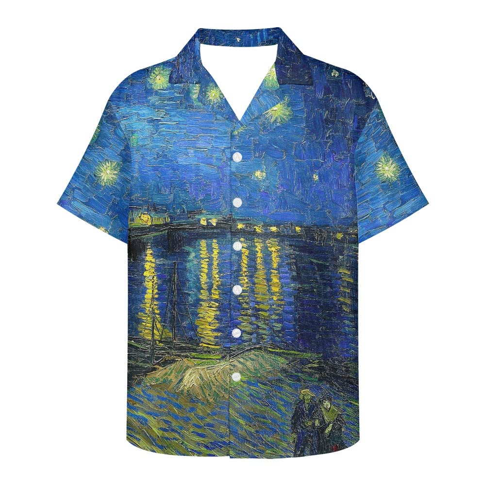 ENLACHIC Men's Van Gogh Oil Painting Printed Button Down Short Sleeve Hawaiian Tee Shirts