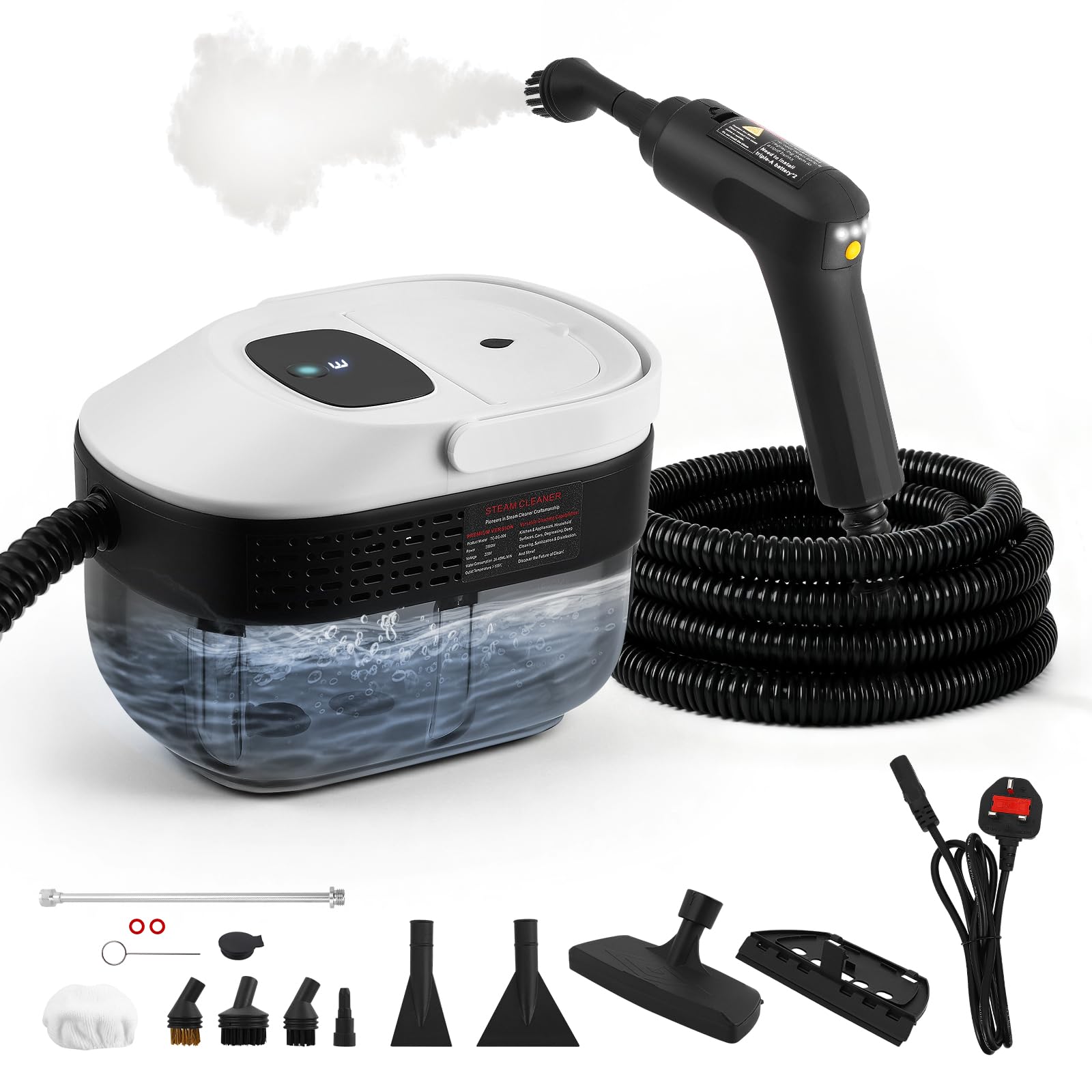 Dampfreiniger, 2500W Dampfgarer zum Reinigen, Dampfreiniger Handgerät für Zuhause, Auto-Detailing-Dampfreiniger mit Controller, Tragbare Steam Cleaner für Fenster, Küche (White)