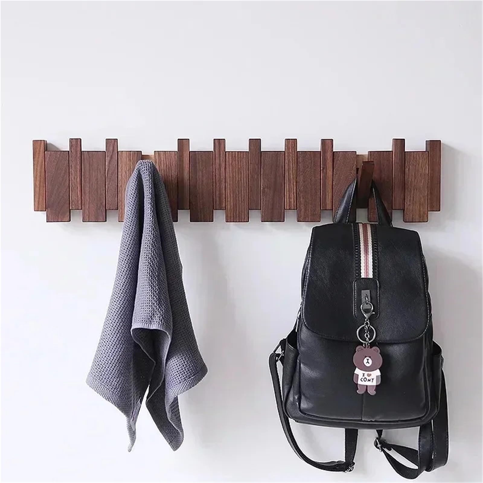 Porte-manteau mural en noyer à suspendre au mur, porte d'entrée, porche, porte-manteau perforé en bois massif perforé pour clés de piano, crochets à vêtements (marron, 32 x 15 cm)