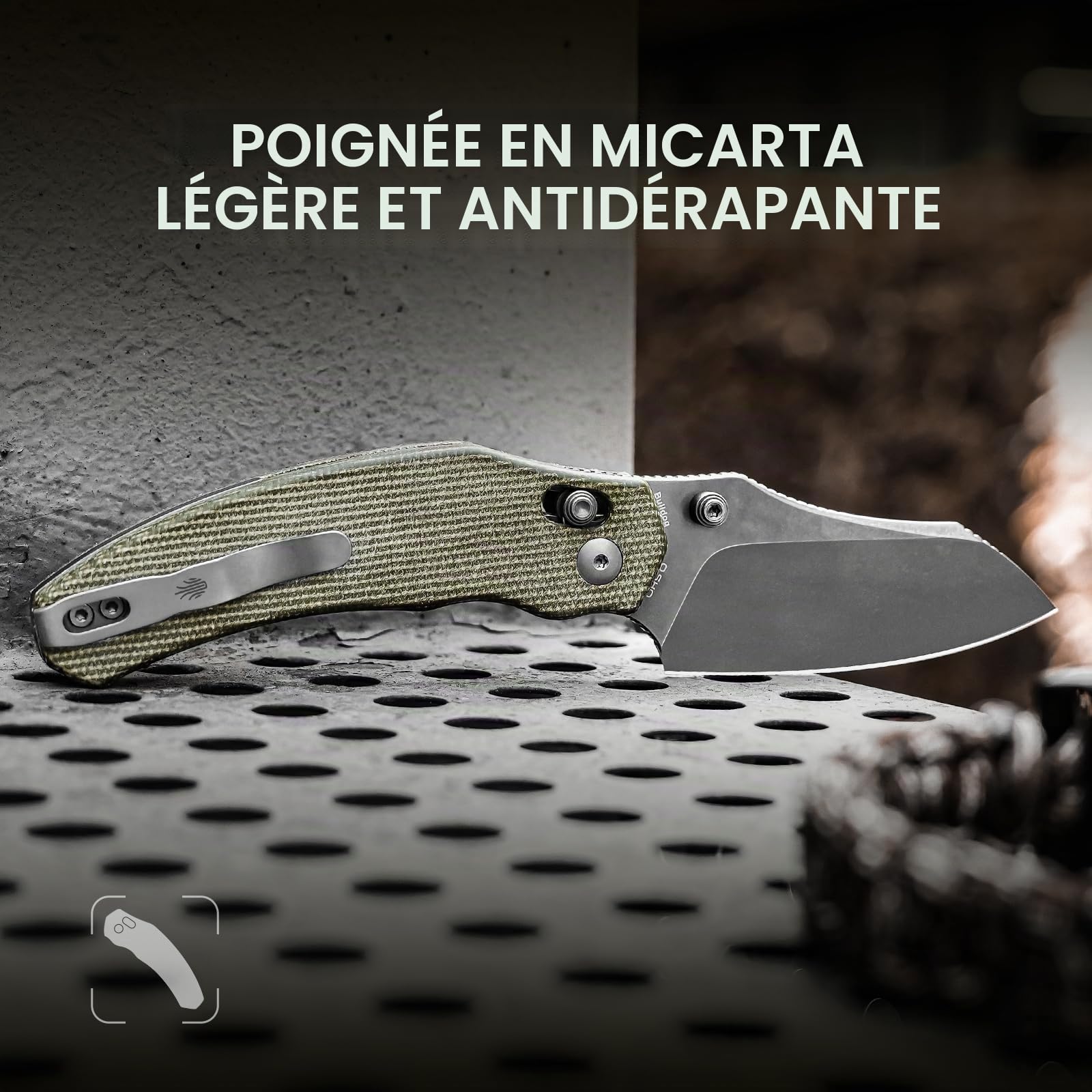 Kizer Bulldog Couteau de Poche, Couteaux Pliable à Lame Nitro V de 7,62cm Manche en Micarta, Couteau de Camping et de Randonnée avec Clip Réversible, Non-automatique, Petits Couteaux EDC V3672A3