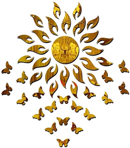 Wall1ders Sun with 20 Butterfly Golden (Sun Size 45 cm x 45 cm), mirror stickers for wall, acrylic mirror wall decor sticker, wall mirror stickers, Acrylic Stickers, Wall Stickers for Hall Room, Bed Room, Kitchen.
