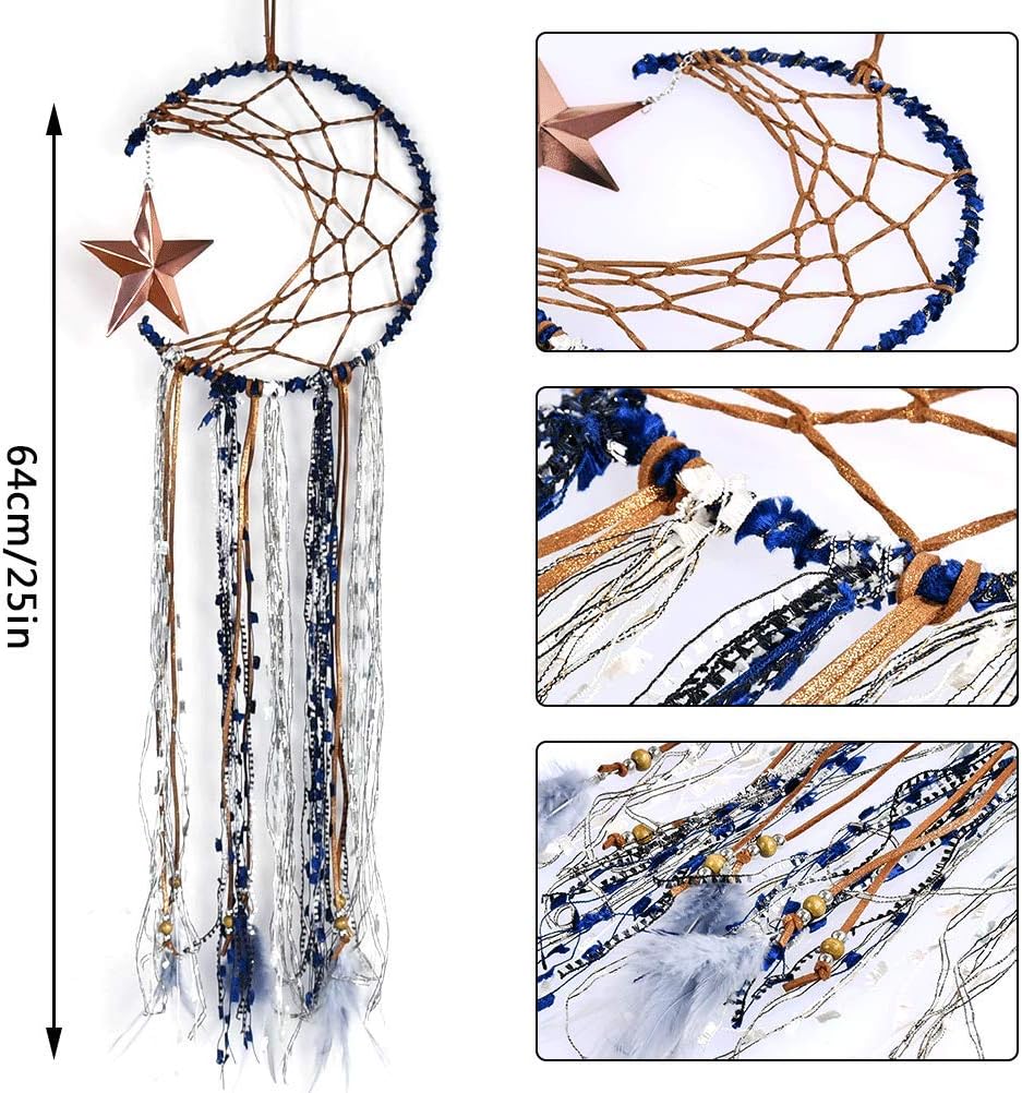 OFNMY Blue Dream Catcher Handmade Half Circle Moon Design Dream Catcher Feather Hanging with Star Home Decoration Ornament Festival Gift (Moon& Star)