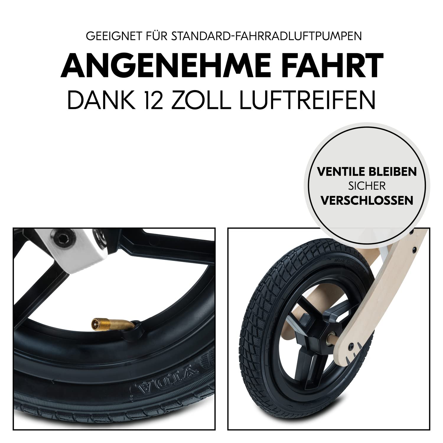 hauck Kinder Laufrad Balance N Ride ab 2 Jahre bis 20 kg, Holz Laufrad, Sattel Höhenverstellbar, Rutschrad mit 12 Zoll Lufträder, Klingel, Tragegriff, ohne Pedal (Zebra)