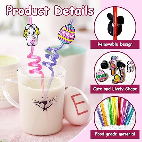 Miniatura 4 de YQUQWN, 24 popotes de Pascua reutilizables, huevos de conejo, pollito este, fiesta temática de beber, pajitas de plástico para suministros de fiesta