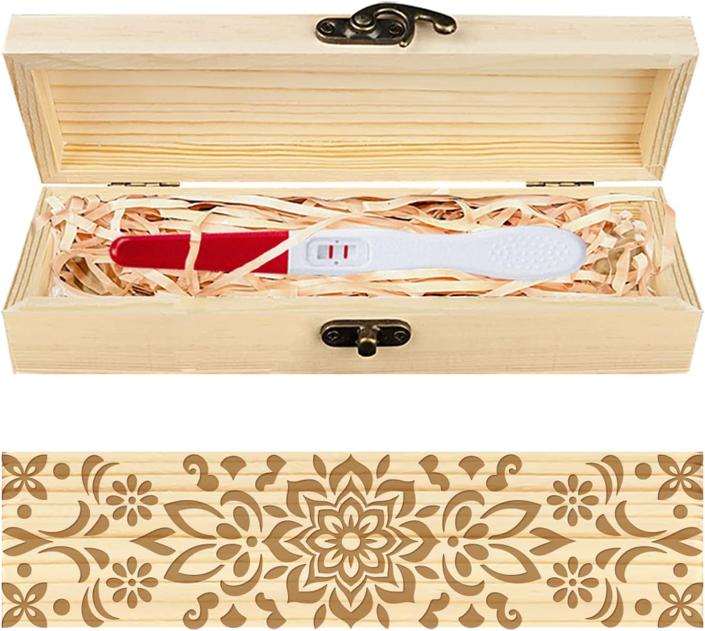 CHGCRAFT Mandala Pregnancy Test Souvenir Box, Vintage Pattern Wooden Keepsake Box with Lock and Raffia Ribbon, Hollowed Engraved Announcement Gift for Dad Husband, 8x2x1.2 Inch