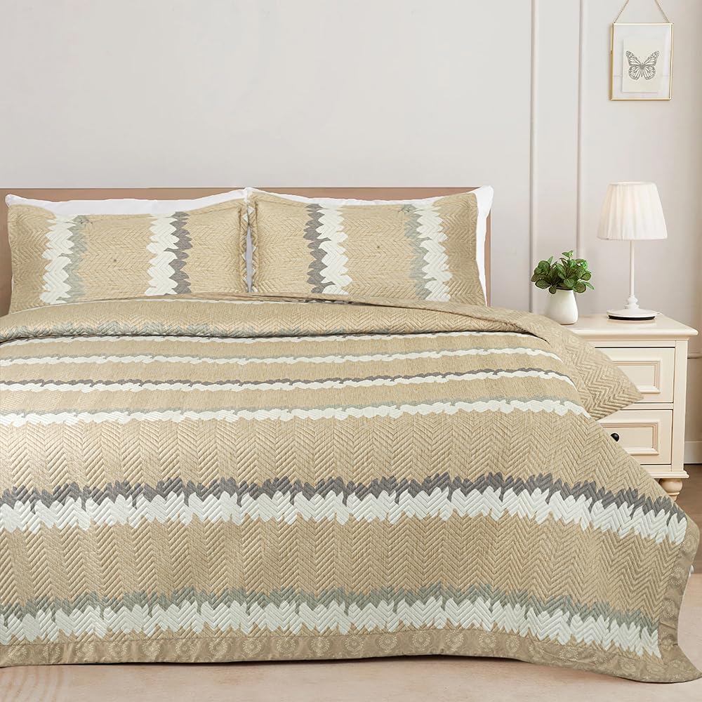 BSB HOME All-Weather Embroidered 3 Pcs Comforter Set with Pillow Shams- Light Weight Bedspread/Duvet/Quilt - Double, 150 GSM | Beige & White