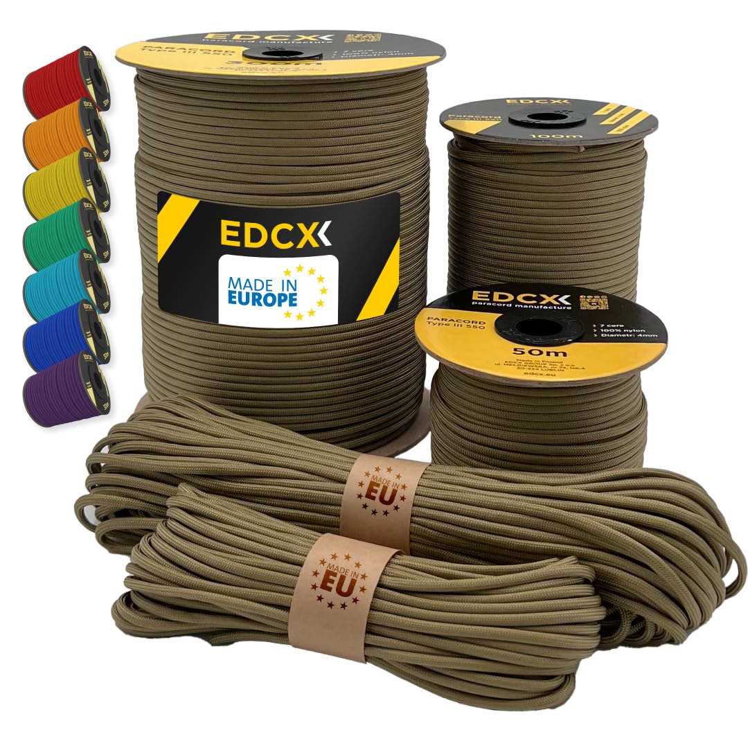 EdcX Paracord 4 mm, 35+ Volltonfarben (10 m, 15 m, 30 m, 50 m, 100 m, 300 m) | Ideal zum Basteln, Camping, Outdoor | 100% Nylonseil 4 mm| Taktische Schnur 550 Typ III (Boa, 100 m)
