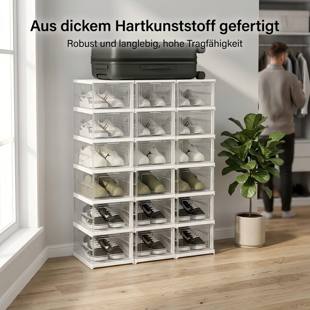 Schuhboxen Stapelbar, 24 Ebenen, Transparent, Faltbar, Dickem Kunststoff, für Sneaker bis Größe 46, Platzsparend, 1-Min Montage, Weiß