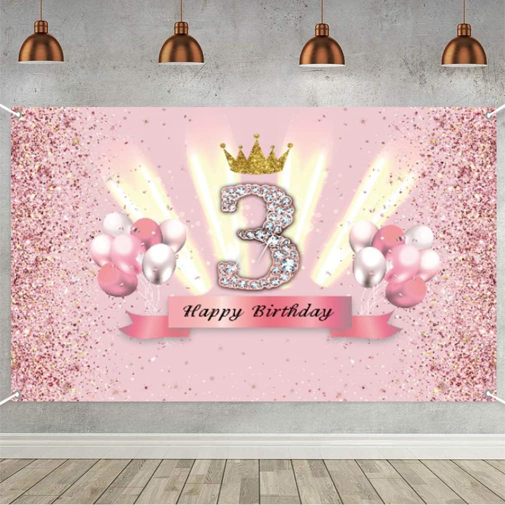 Tecreo 3rd Birthday Banner 3 Birthday Decoration Rose Gold Party Decoration Girl, Fabric Sign Poster 3rd Anniversary Party Crown Birthday Banner Table Decoration Poster, Glitter Pink