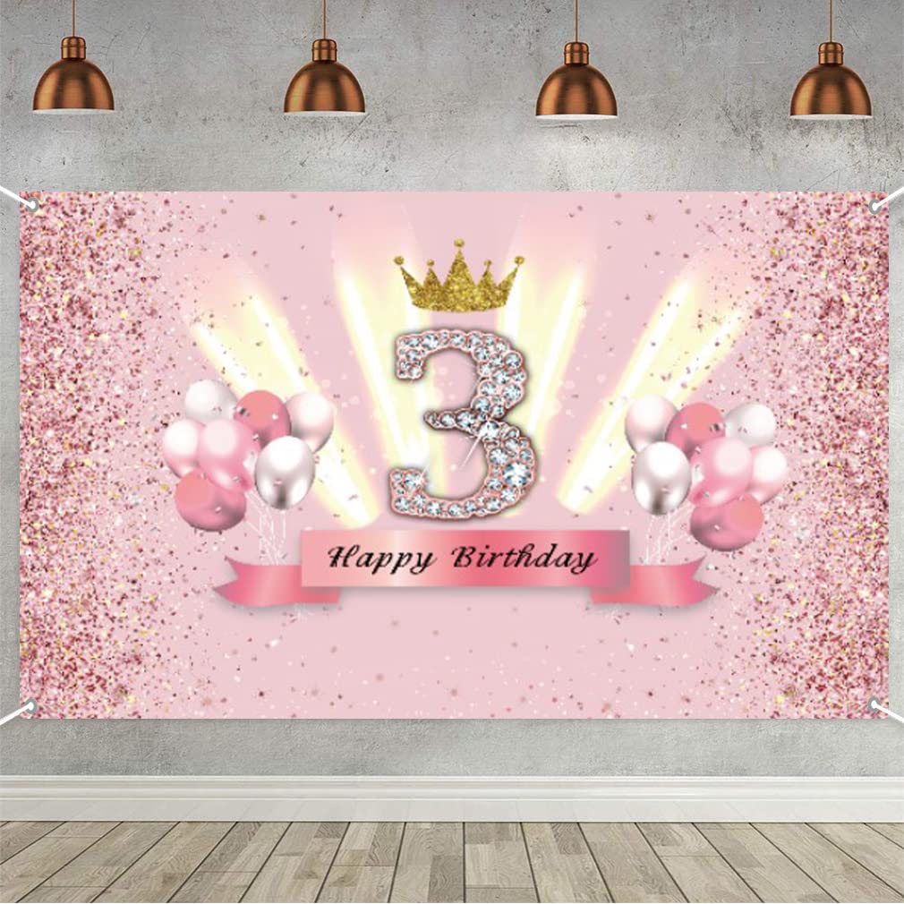 Tecreo 3rd Birthday Banner 3 Birthday Decoration Rose Gold Party Decoration Girl, Fabric Sign Poster 3rd Anniversary Party Crown Birthday Banner Table Decoration Poster, Glitter Pink