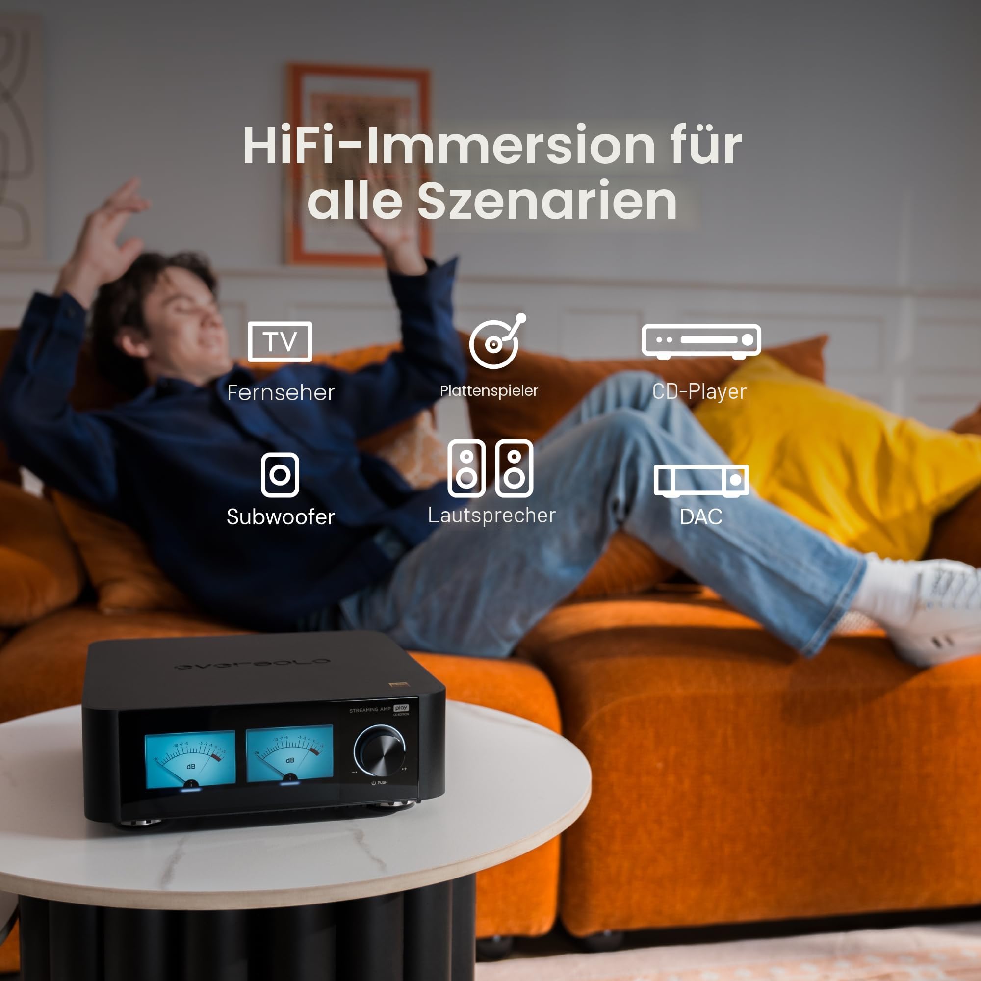 EVERSOLO Play All-in-One Musik-Streamer mit Verstärker | 5,5-Zoll-Touchscreen, unterstützt Multi Room & Room Correction, Stream Tidal, Qobuz, Amazon Music & More | Schwarz (CD Edition)
