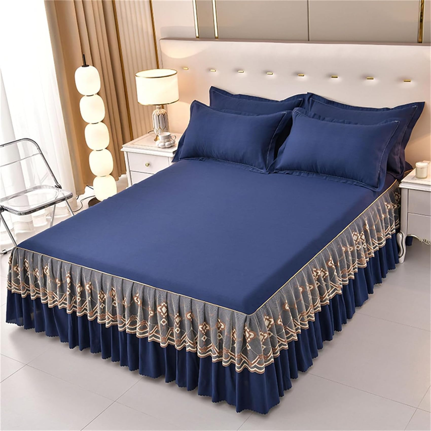 BBPM Bedding Base Valance Sheet Bed Skirt Style Bedspread Lace Bed Skirt Wrap Double/Single/Small Double Soft Microfibre - Pleated - Dustproof/creaseproof/Slip Proof,Blue,King/200 * 200cm