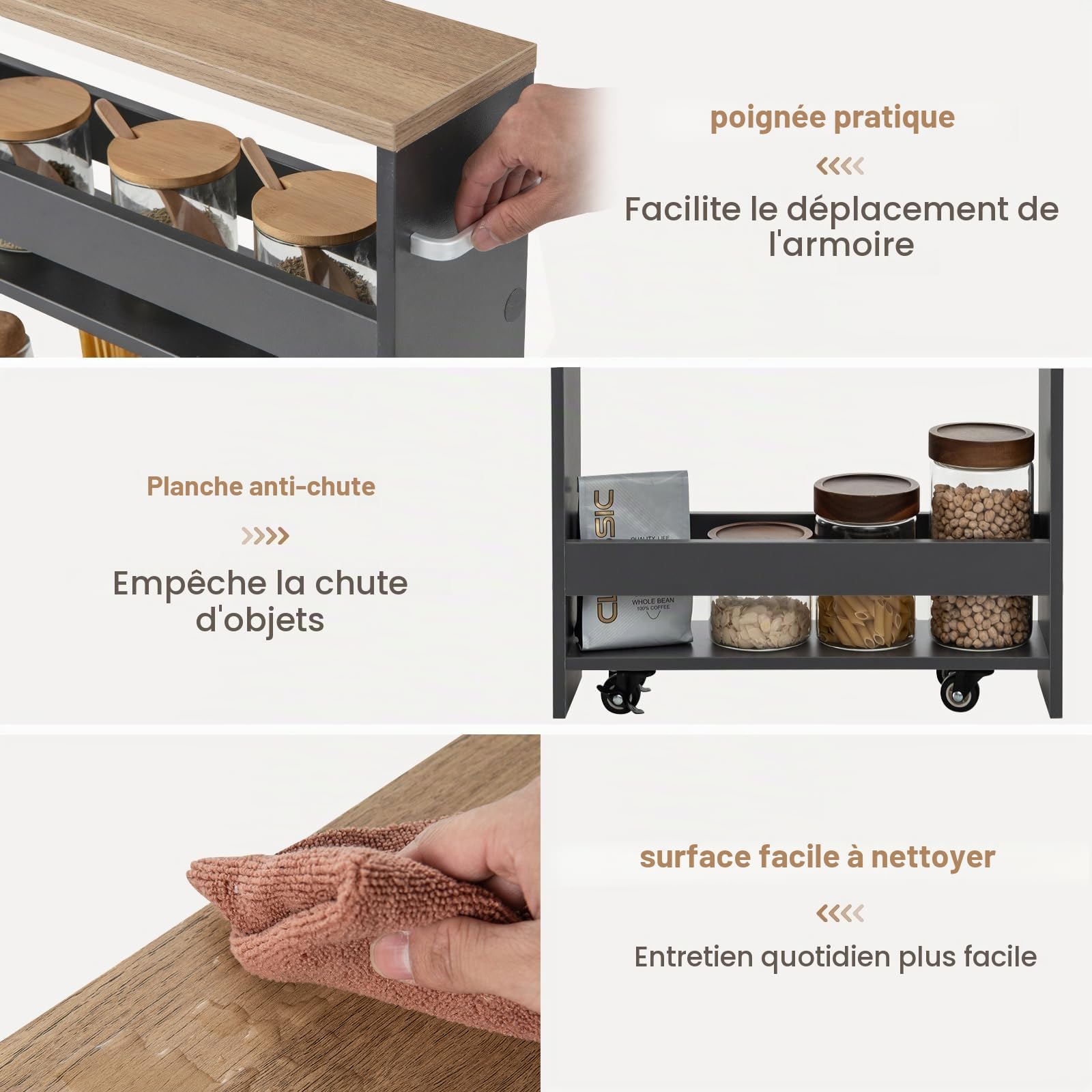 FANTASK Chariot de cuisine étroit sur roulettes, étagère de 13 cm de large, chariot de service à 4 étages, chariot de niche avec poignée et balustrade, étagère de salle de bain en bois pour cuisine et