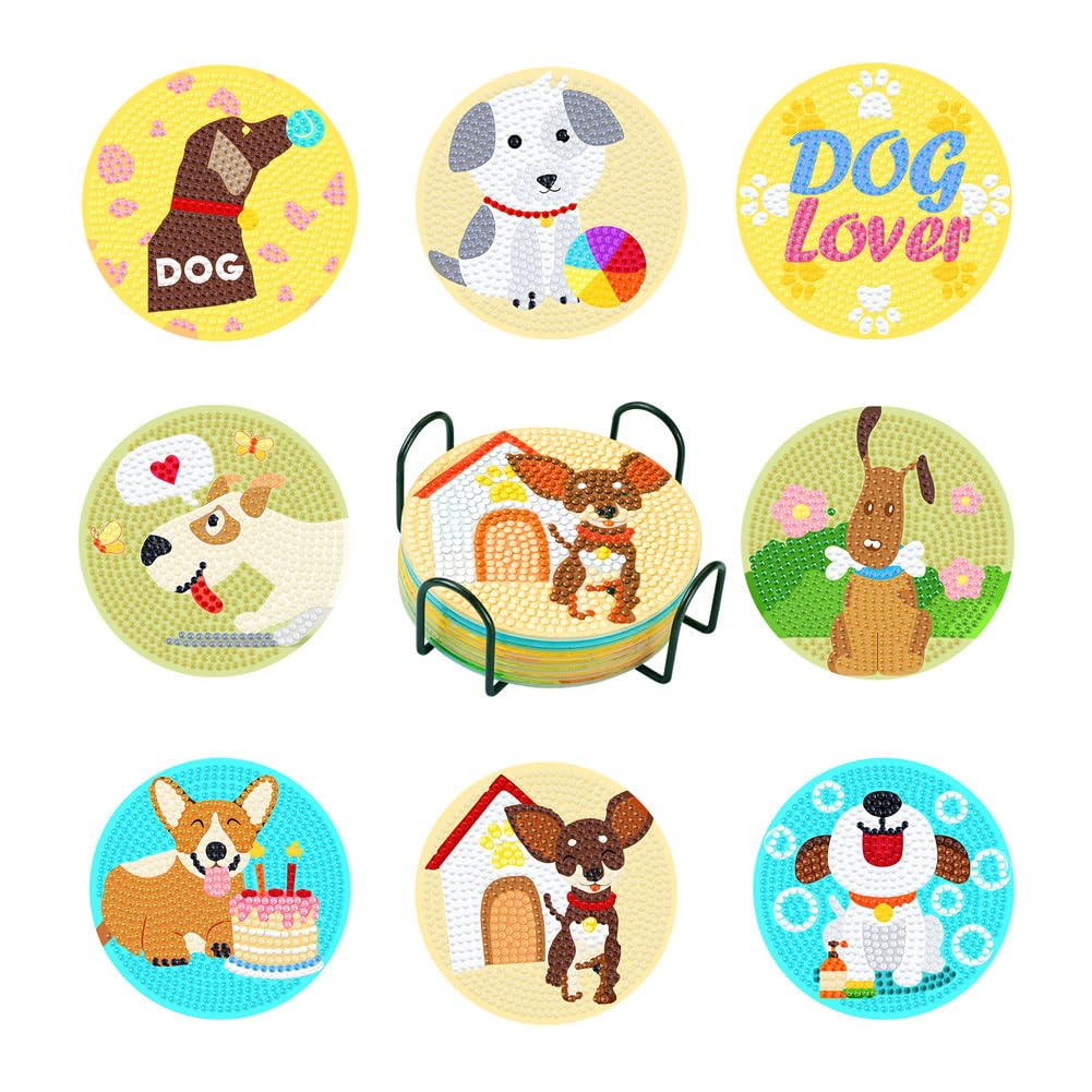 Cheriswelry 5D DIY Diamond Painting Cup Mat Kits Dog Pattern Diamond Painting with Coaster Holder Cup Pad for Beginners Art Craft Supplies 8Pcs