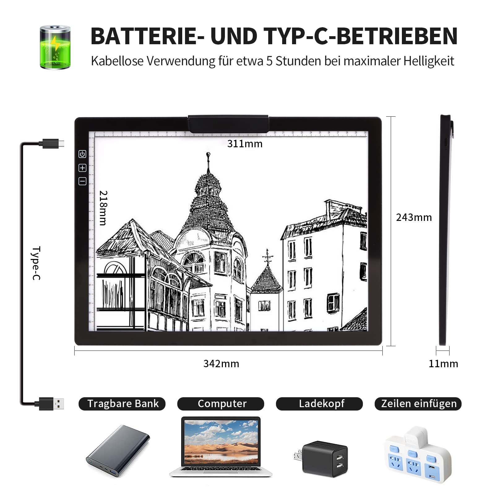 elice Tavolo Luminoso Ricaricabile A4 con Custodia, Funzionamento a Batteria, 6 Livelli di luminosità, Pannello Luminoso Ricaricabile per disegnare, Diamond Painting, Animazione