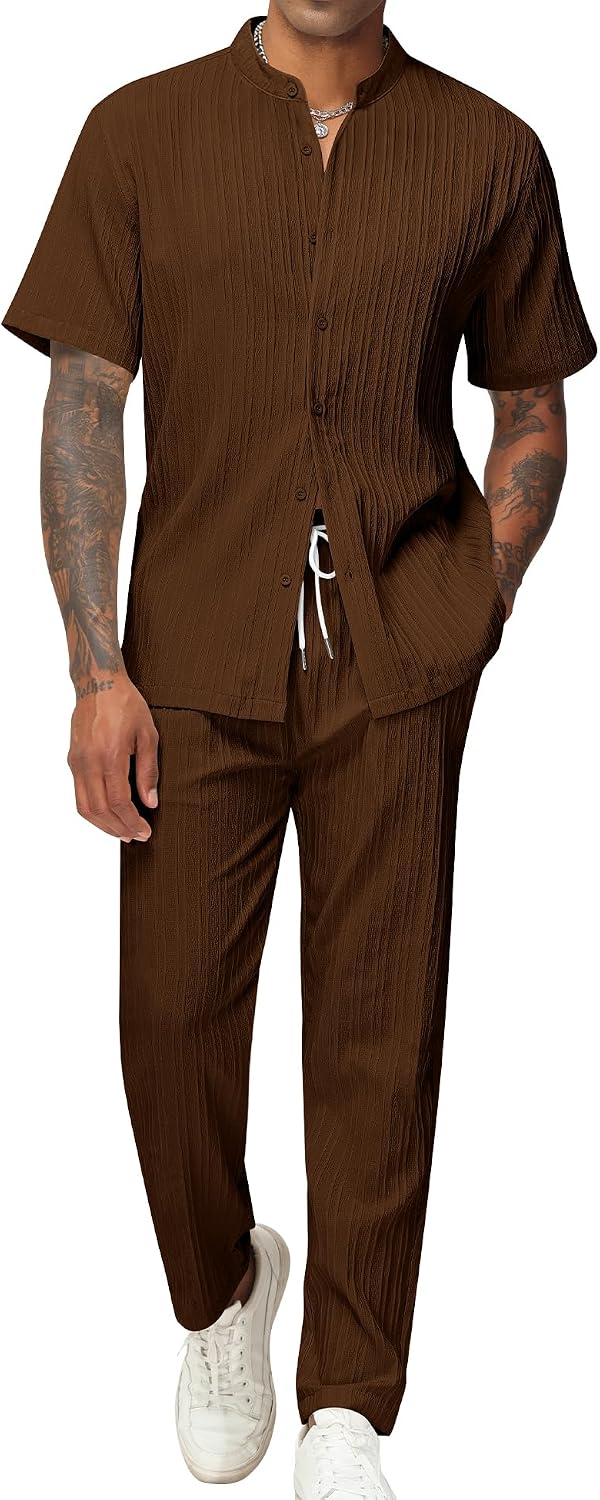 LecGee Men's 2 Piece Vertical Striped Textured Outfits Stand Collar Button Down Shirts With Long Pants Summer Beach Sets