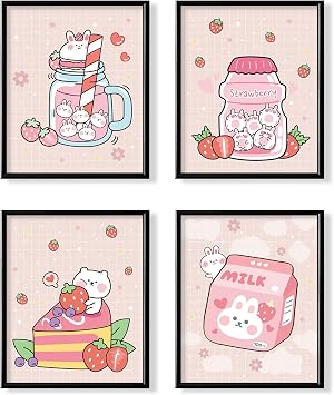 Kawaii Japanese Anime Wall Decor for Dining Room - Pink Cute Kitchen Room Decor - Aesthetic Rabbit Strawberry Posters Prints for Teen Girl Bedroom Wall Art - Kids Nursery Gifts - Apartment Pictures
