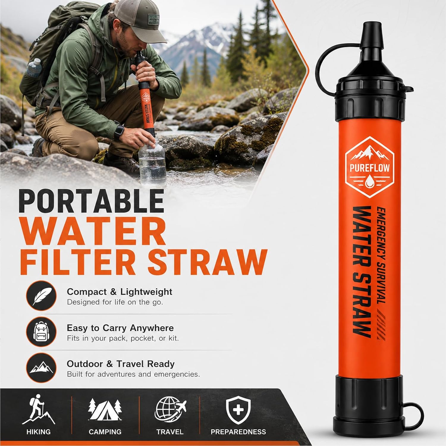 Straw, Lightweight, Reusable Survival Filtration Portable Gear Suitable Camping, Hiking, Travel, Biking, Survival Team Family Outing (2 Pcs)