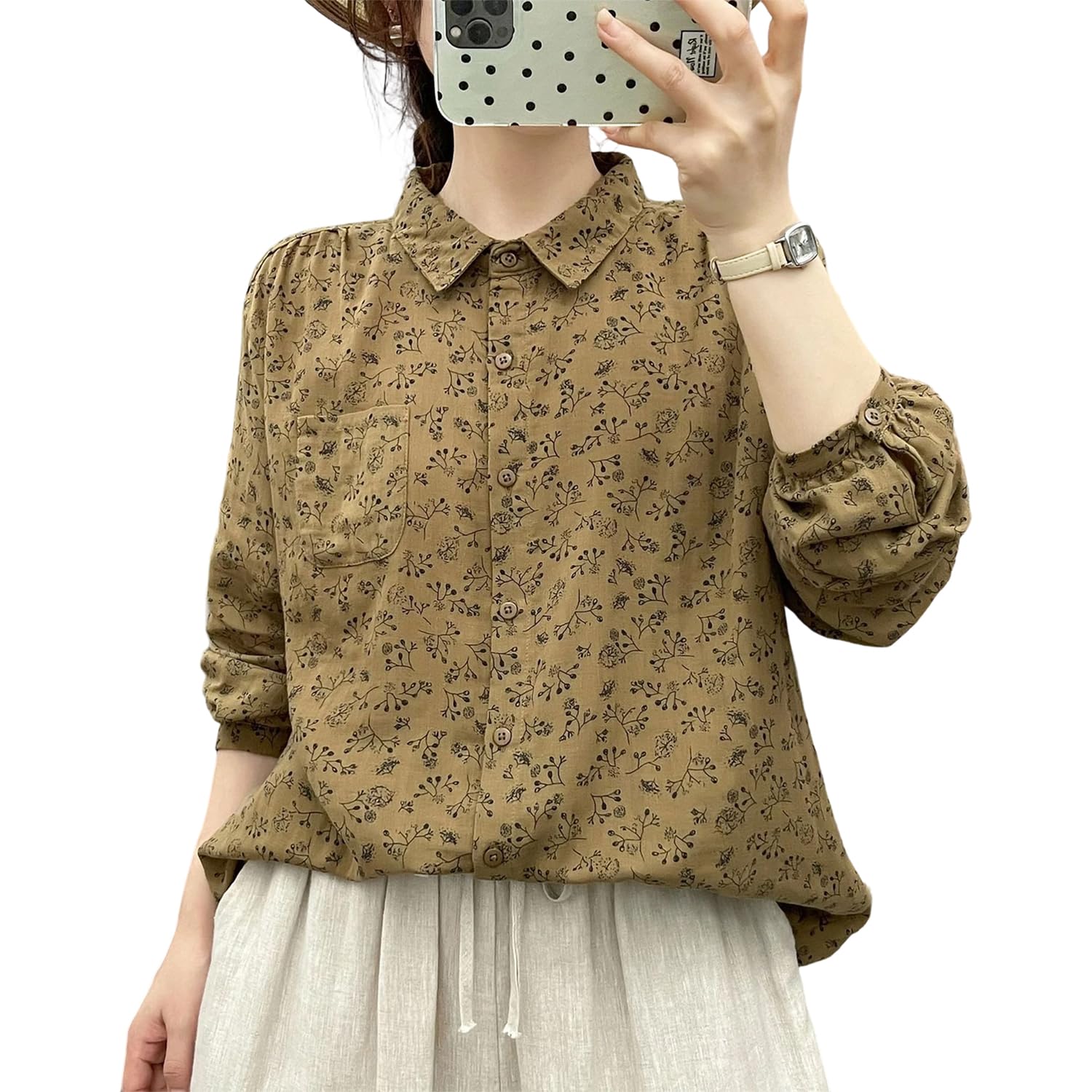 Amazon | [Hanmall] 小花柄ガーゼブラウス シャツ レディース 長袖 二 