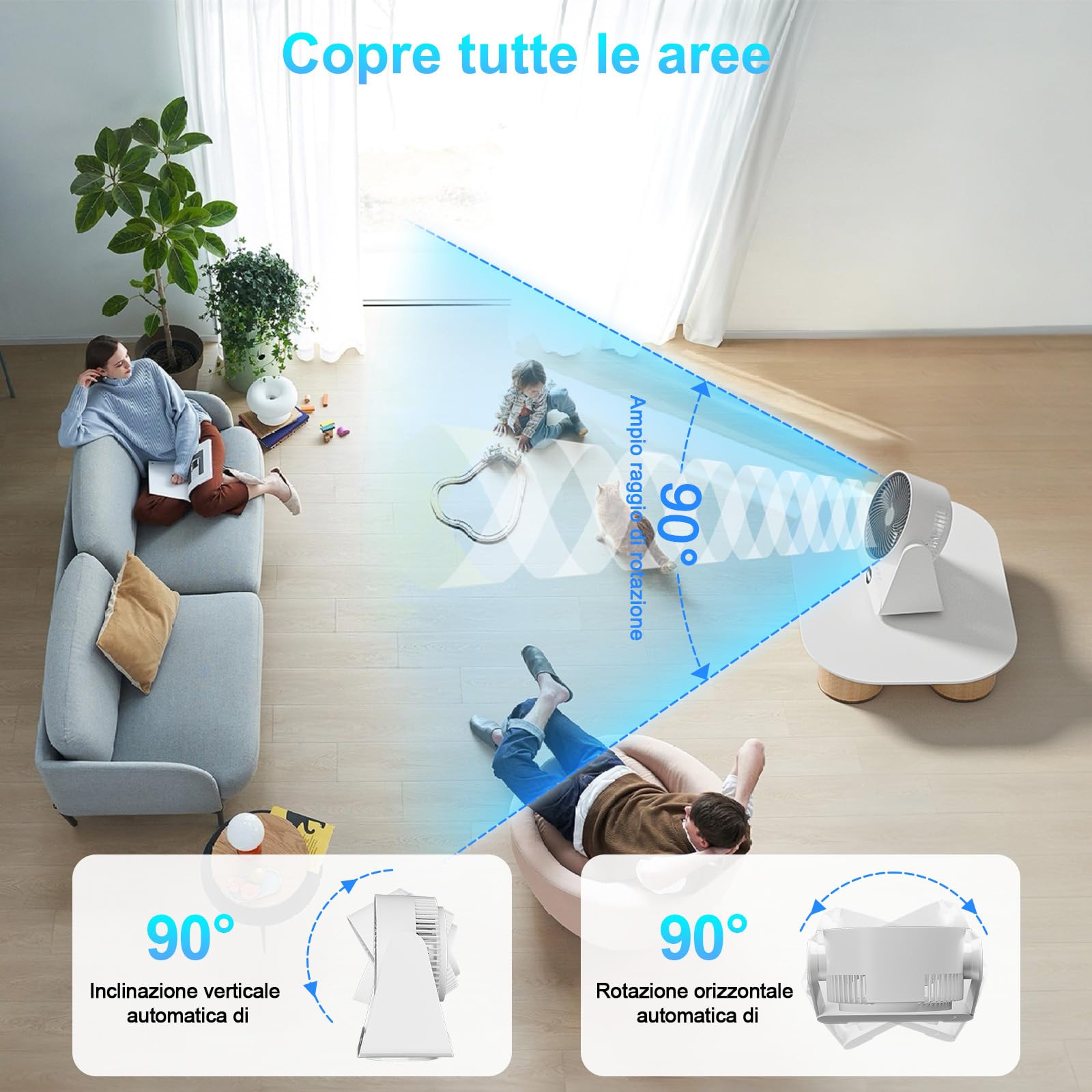 GuKKK Ventilatore da Tavolo Ultra-Silenzioso, Ventilatore di Circolazione Dell'aria, Ventilatori Desktop Portatile con Telecomando, 12 Velocità Regolabili, Timer 12H, 90° Inclinazione Regolabile