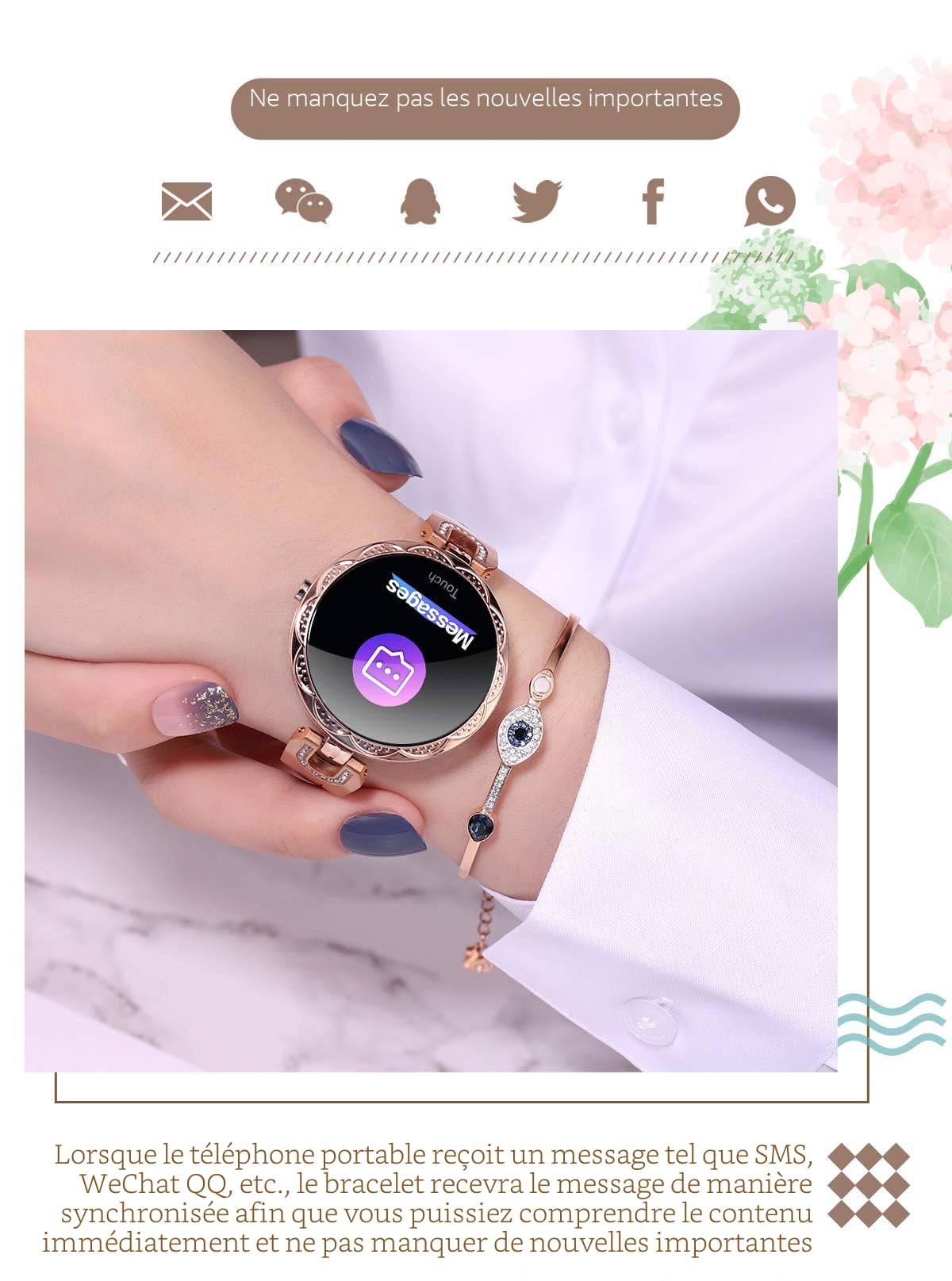 LONGLU Montre Intelligente pour Femme, Compatible avec iOS Android iPhone Samsung Téléphones Fitness Tracker avec fréquence Cardiaque et Pression artérielle Bluetooth Podomètre Sommeil Tracker