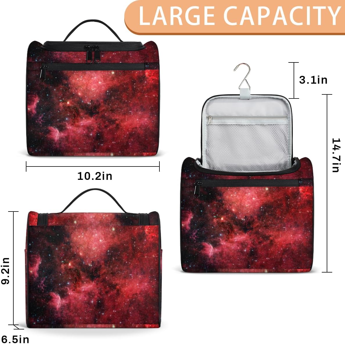 cfpolar Red Galaxy Starry Sky Hanging Travel Toiletry Bag for Women Girls, Waterproof Makeup Organizer Bag Case with Compartments, Portable Bathroom Cosmetic Storage Bag Pouch Holder